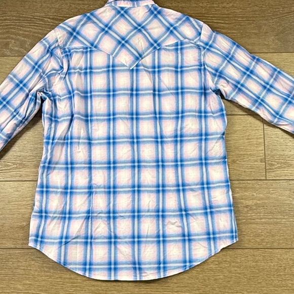 Wrangler Western Blue Plaid Pearl Button Breast Cancer Awareness Shirt Sz L - Picture 2 of 12